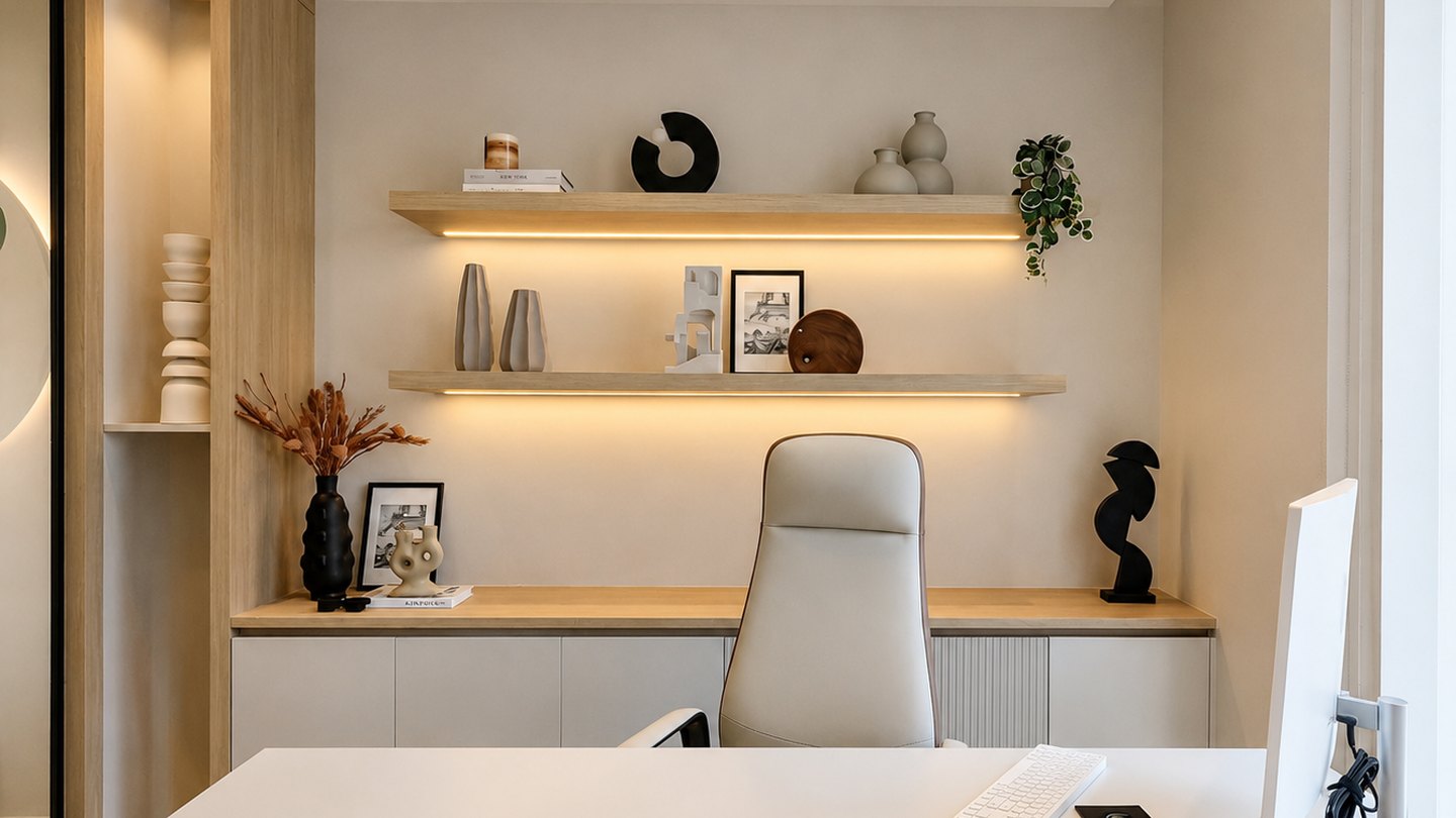 Completed Karmeh interior fit-out in Dubai: backlit shelving wall with linear pendant
