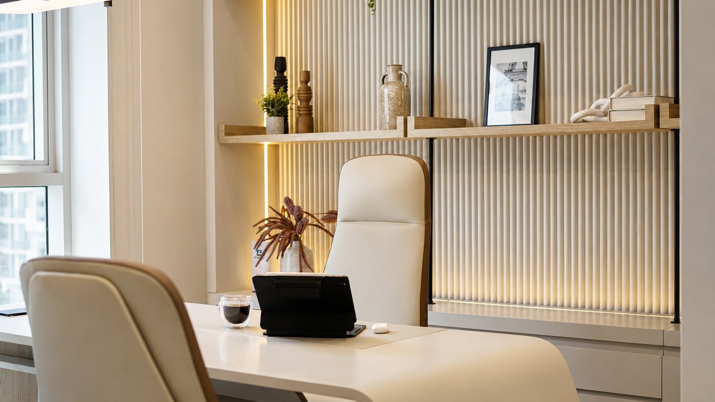 Karmeh workspace detail: desk, window light and fluted wall panelling