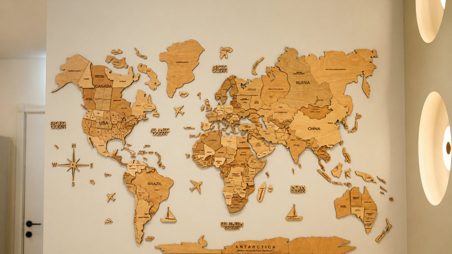 Bespoke timber world-map feature wall by Karmeh Design Studio