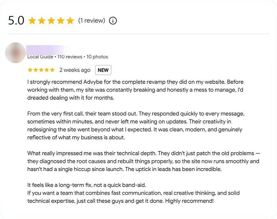 Five-star Google review for AdVybe on the Quantum Edge Cleaning website rebuild